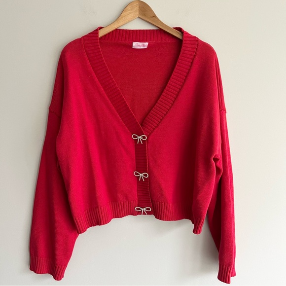 Pink Lily Sweaters - Pink Lily Red V-Neck Cardigan with Rhinestone Bow Accents Extra Large